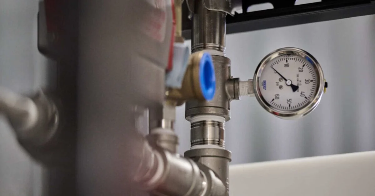 Industrial pressure gauge on water treatment piping system